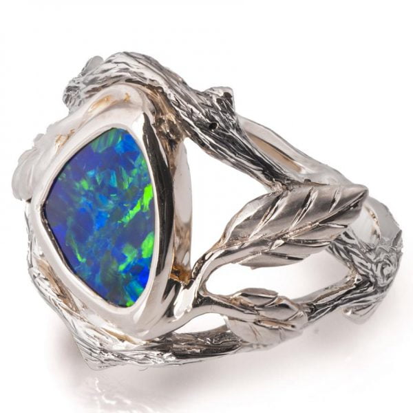White Gold Twig and Leaf Black Opal Engagement Ring