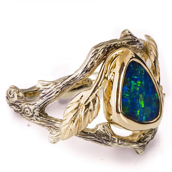 Twig and Leaf Black Opal Engagement Ring Yellow Gold 8 Catalogue