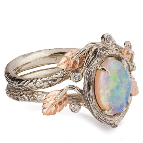 Twig and Leaves Rose Gold Pear Opal Bridal Set