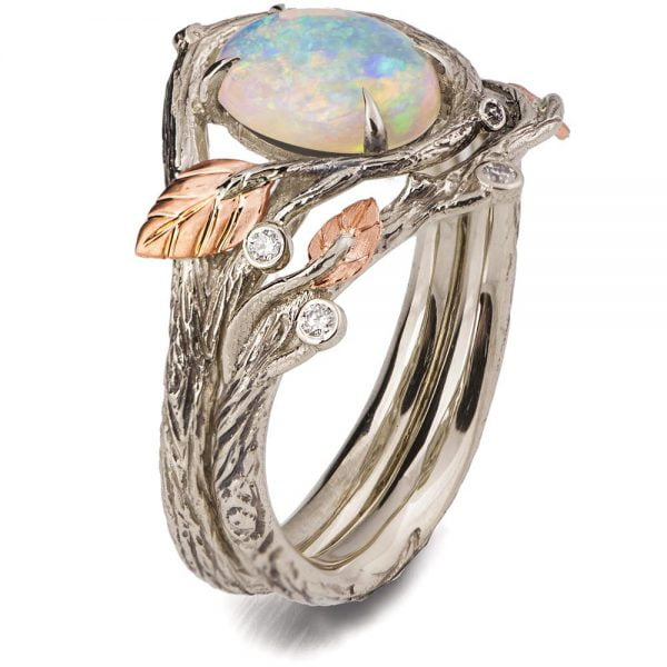 Twig and Leaves Pear Opal Bridal Set Rose Gold