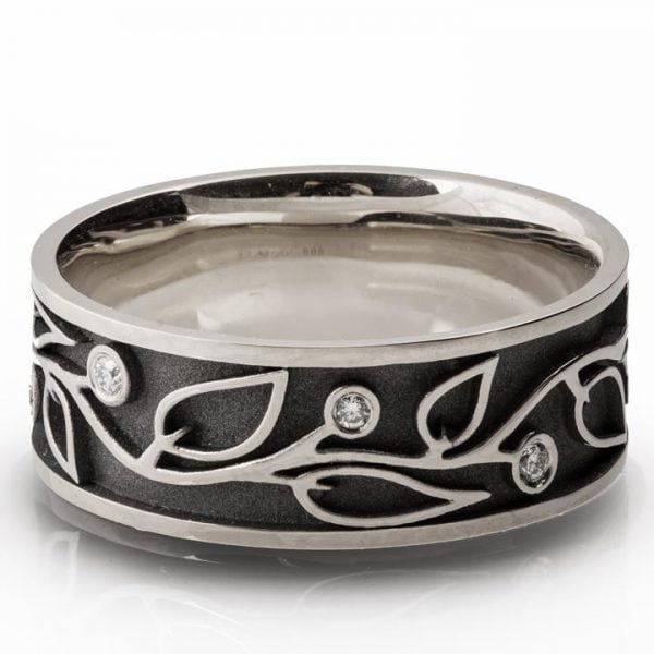 White Gold Leaves and Diamonds Black Wedding Ring
