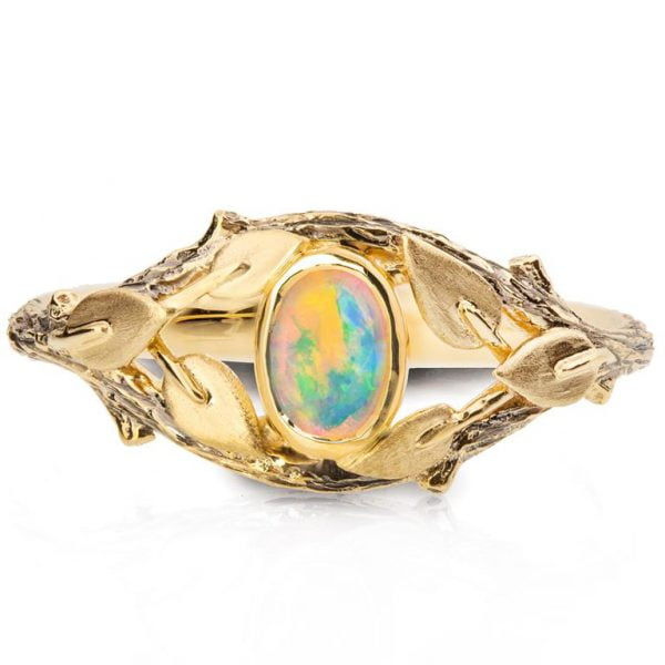 Twig and Leaves Australian Opal Ring Yellow Gold