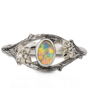 Nature Inspired Twig and Flowers Opal Ring White Gold