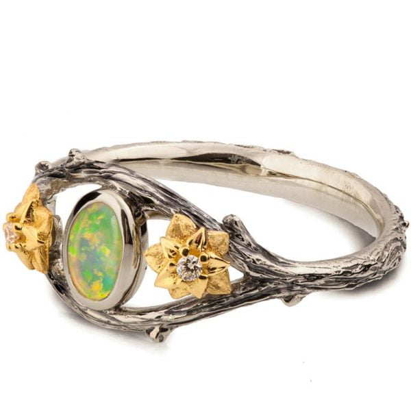 Nature Inspired Twig and Flowers Opal Ring Yellow Gold