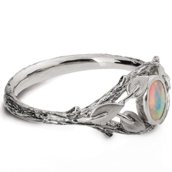 White Gold Twig and Leaves Opal Ring