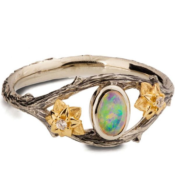 Twig and Flowers Opal Ring Yellow Gold