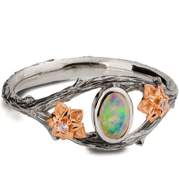 Twig and Flowers Opal Ring Platinum and Rose Gold