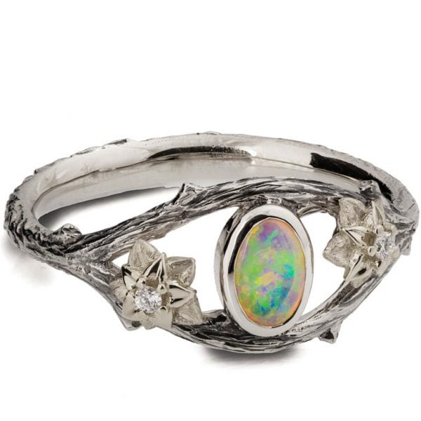 Twig and Flowers Opal Ring White Gold