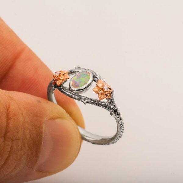 Twig and Flowers Opal Ring Platinum and Rose Gold Catalogue