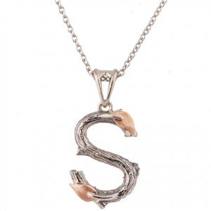 S Pendant, Twig and Leaves Initial Pendant, Rose Gold