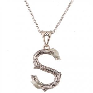 S Pendant, Twig and Leaves Initial Pendant, White Gold