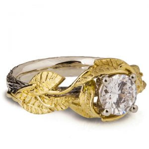 Yellow Gold Twig and Leaves Diamond Engagement Ring