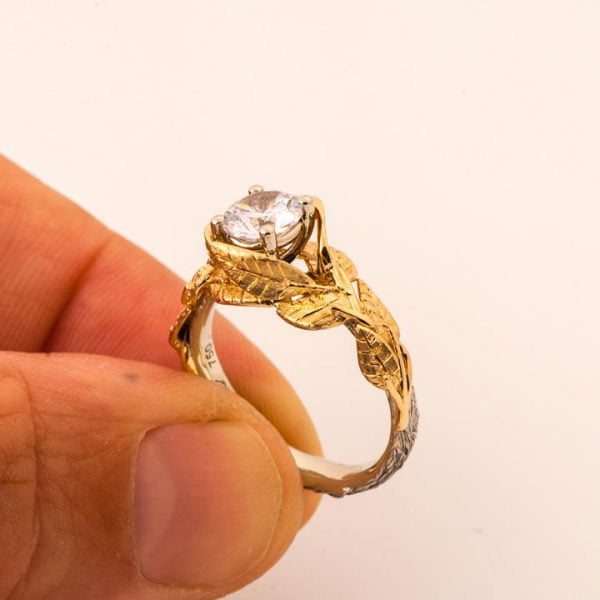 Twig and Leaves Engagement Ring Yellow Gold and Moissanite Catalogue