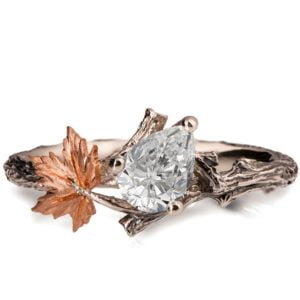 Twig and Maple Leaf Engagement Ring Rose gold and Moissanite