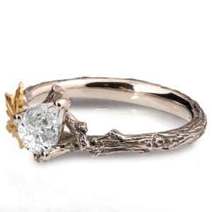 Twig and Maple Leaf Yellow Gold Moissanite Engagement Ring