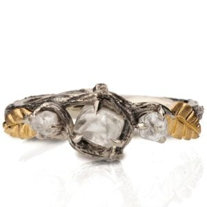 Rose Gold Raw Diamond Three Stone Twig Engagement Ring