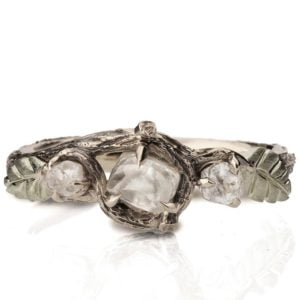 White Gold Raw Diamond Three Stone Twig Engagement Ring