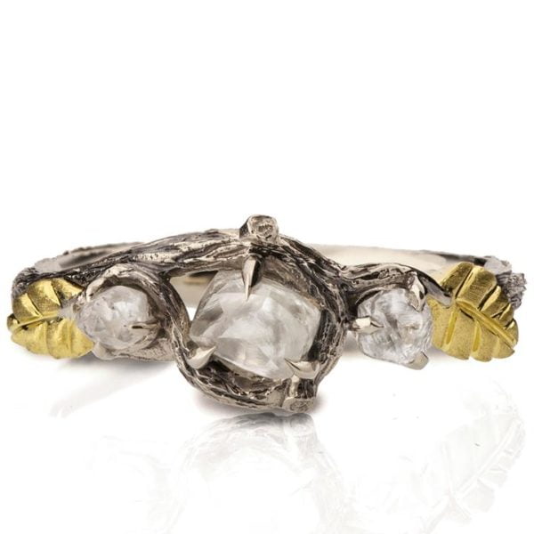 Raw Diamond Three Stone Twig Engagement Ring