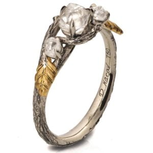 Three Stone Raw Diamond Twig Engagement Ring Rose Gold