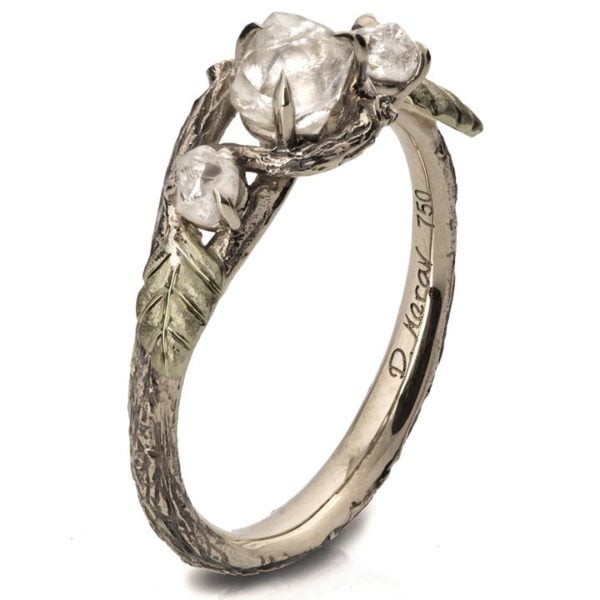 Three Stone Raw Diamond Twig Engagement Ring White Gold