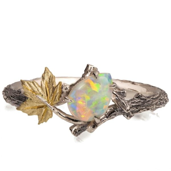 Twig and Maple Leaf Opal Ring Yellow Gold