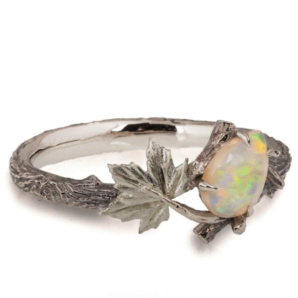 White Gold Twig and Maple Leaf Opal Ring