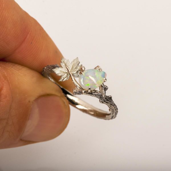 Twig and Maple Leaf Opal Ring Platinum Catalogue