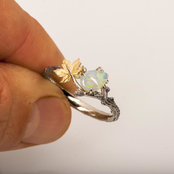 Twig and Maple Leaf Opal Ring Yellow Gold Catalogue