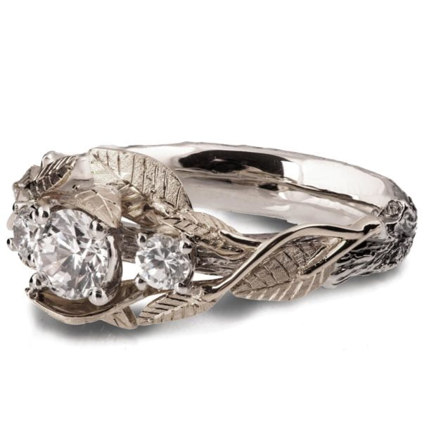 Three Stones Diamonds Nature Inspired Engagement Ring White Gold
