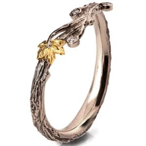Twig and Maple Leaf Wedding Band Yellow Gold