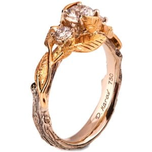 Three Diamonds Leaves Engagement Ring Rose Gold