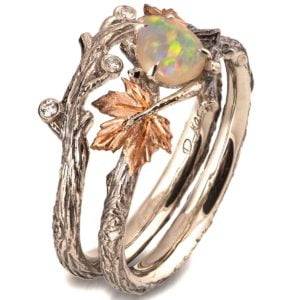 Twig and Maple Leaf Opal Bridal Set Rose Gold