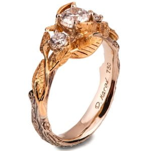 Three Stones Leaves Engagement Ring Rose Gold and Diamonds