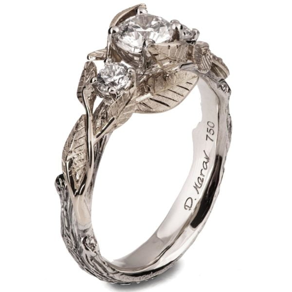 Three Stones Leaves Engagement Ring White Gold and Diamonds