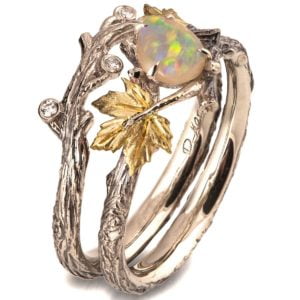 Twig and Maple Leaf Opal Bridal Set Yellow Gold