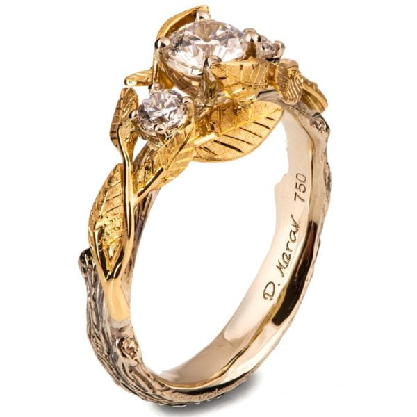 Three Stones Leaves Engagement Ring Yellow Gold and Diamonds