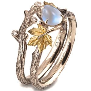 Yellow Gold Twig and Maple Leaf Moonstone Bridal Set