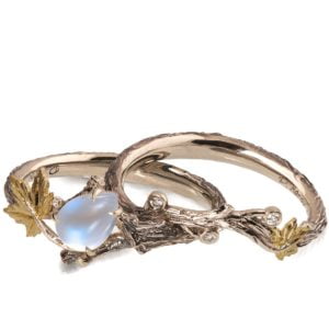 Twig and Maple Leaf Moonstone Bridal Set Yellow Gold