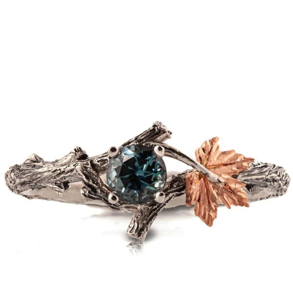 Twig and Maple Leaf Engagement Ring Platinum and Teal Sapphire Catalogue