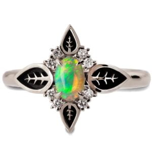 Nature Inspired Black Leaves Opal Engagement Ring White Gold
