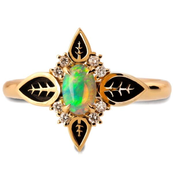 Nature Inspired Black Leaves Opal Engagement Ring Yellow Gold 2