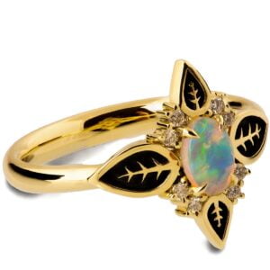Nature Inspired Black Leaves Opal Engagement Ring Yellow Gold