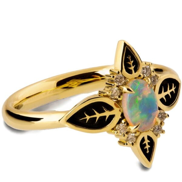 Nature Inspired Black Leaves Opal Engagement Ring Yellow Gold