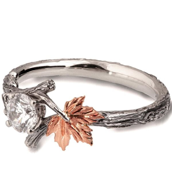 Platinum Twig and Rose Gold Maple Leaf Moissanite Engagement Ring