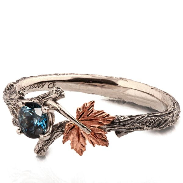 Twig and Maple Leaf Engagement Ring Rose Gold and Teal Sapphire Catalogue