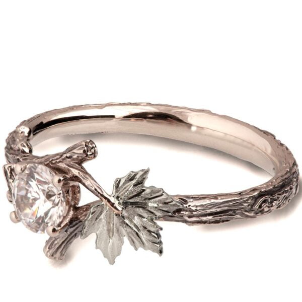 Twig and Maple Leaf Engagement Ring White Gold and Moissanite