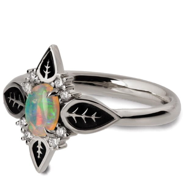 White Gold Unique Black Leaves Opal Engagement Ring