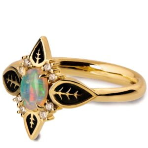 Yellow Gold Unique Black Leaves Opal Engagement Ring