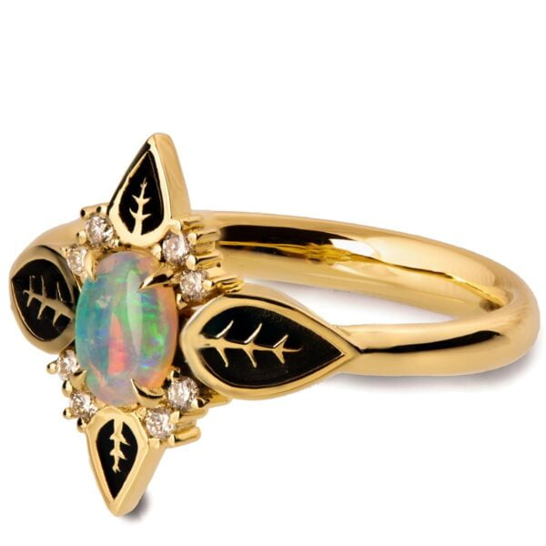 Yellow Gold Unique Black Leaves Opal Engagement Ring