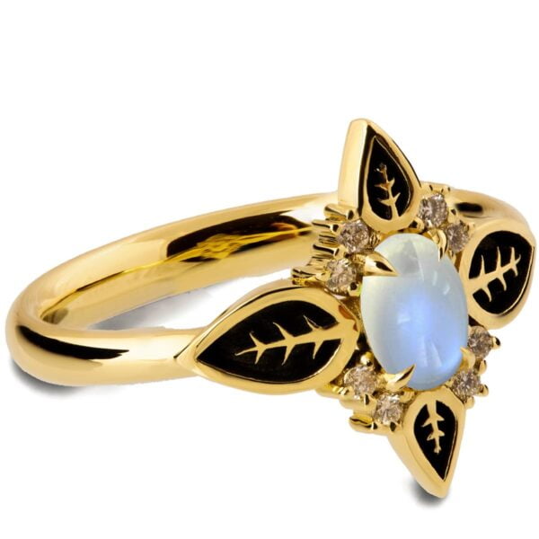 Black Leaves Moonstone Yellow Gold Engagement Ring Catalogue